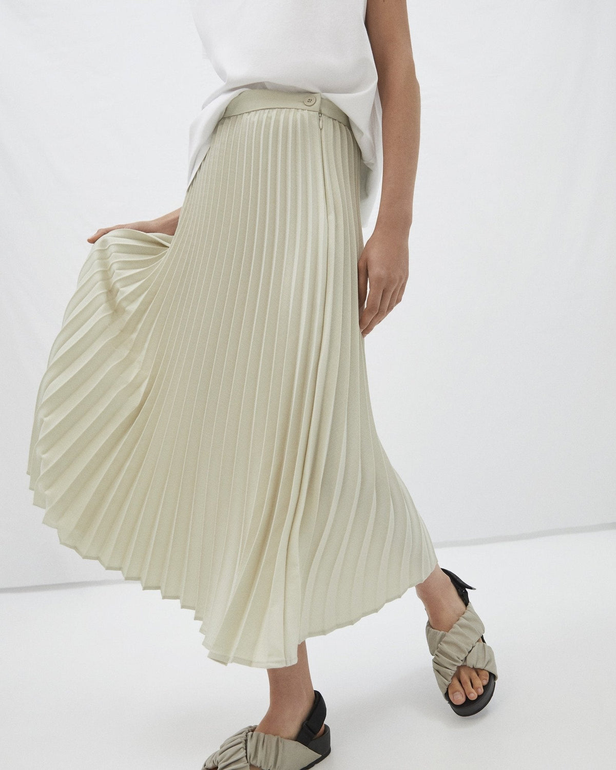 Women Skirt | Light Cream Pleated Midi Skirt by Spanish designer Adolfo Dominguez