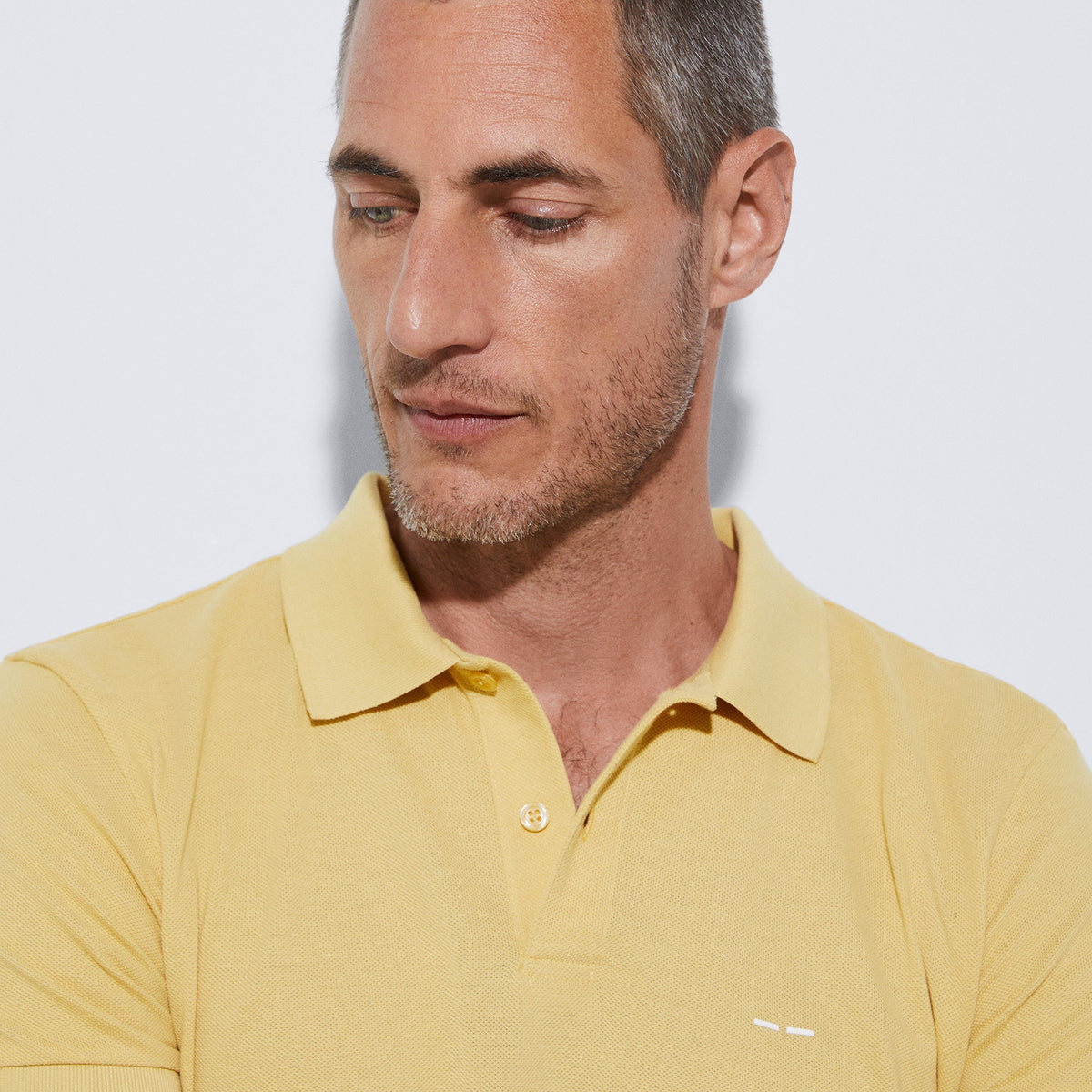 Men Polo | Light Yellow Cotton Pique Two Button Polo Shirt by Spanish designer Adolfo Dominguez