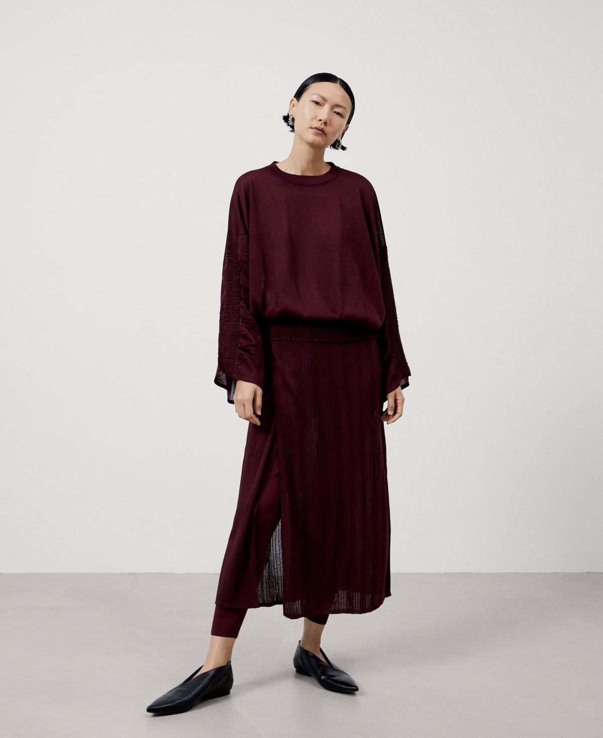 Women Skirt | Maroon Pleated Viscose Skirt With Leggings by Spanish designer Adolfo Dominguez