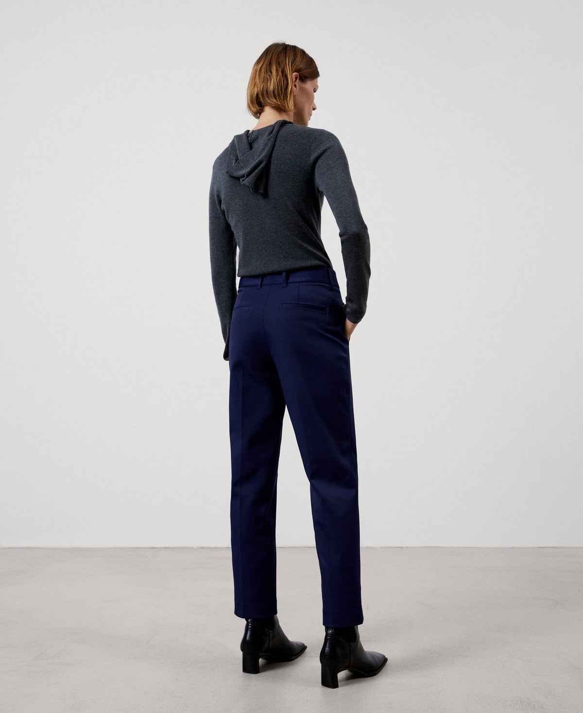 Women Trousers | Navy Blue Organic Cotton Trousers With Darts by Spanish designer Adolfo Dominguez