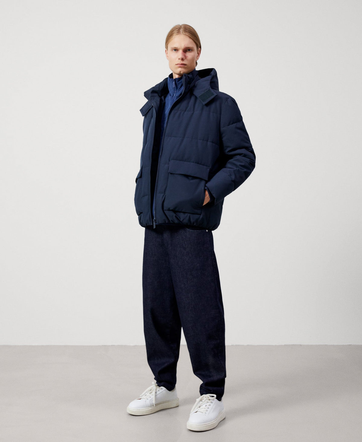 Men Short Jacket | Navy Blue Padded Hood Jacket by Spanish designer Adolfo Dominguez