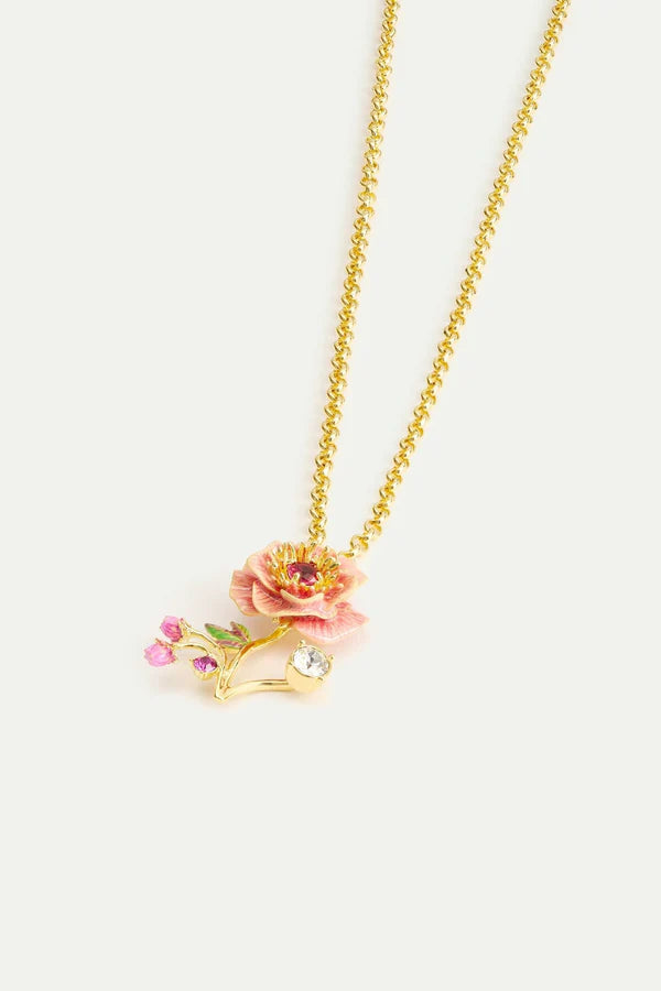 Pink Anemone. Rose Bud And Crystal Necklace | AWBB3041