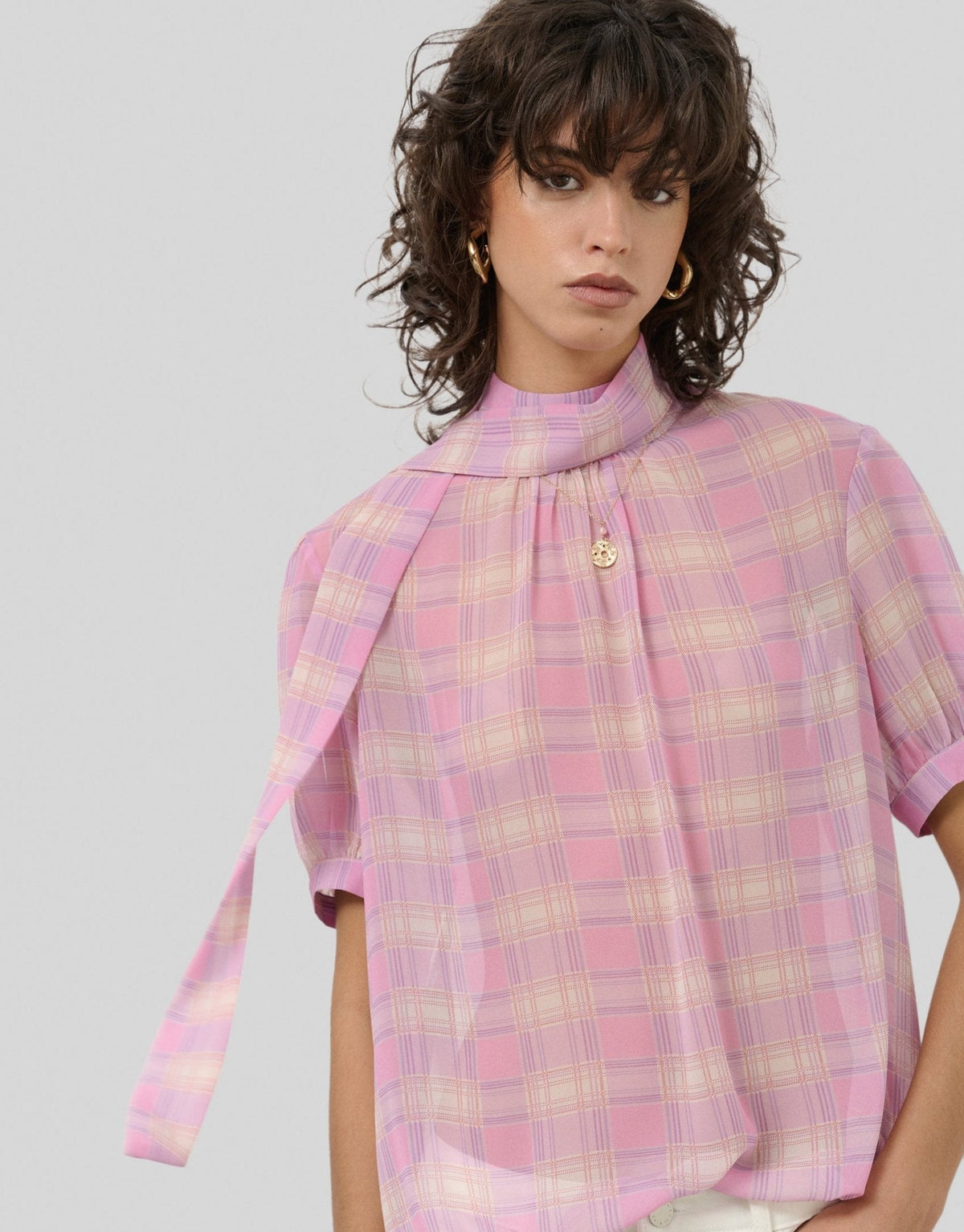 Shirts & Blouses | Pink checkered short sleeved blouse with tie collar by Spanish designer Roberto Verino