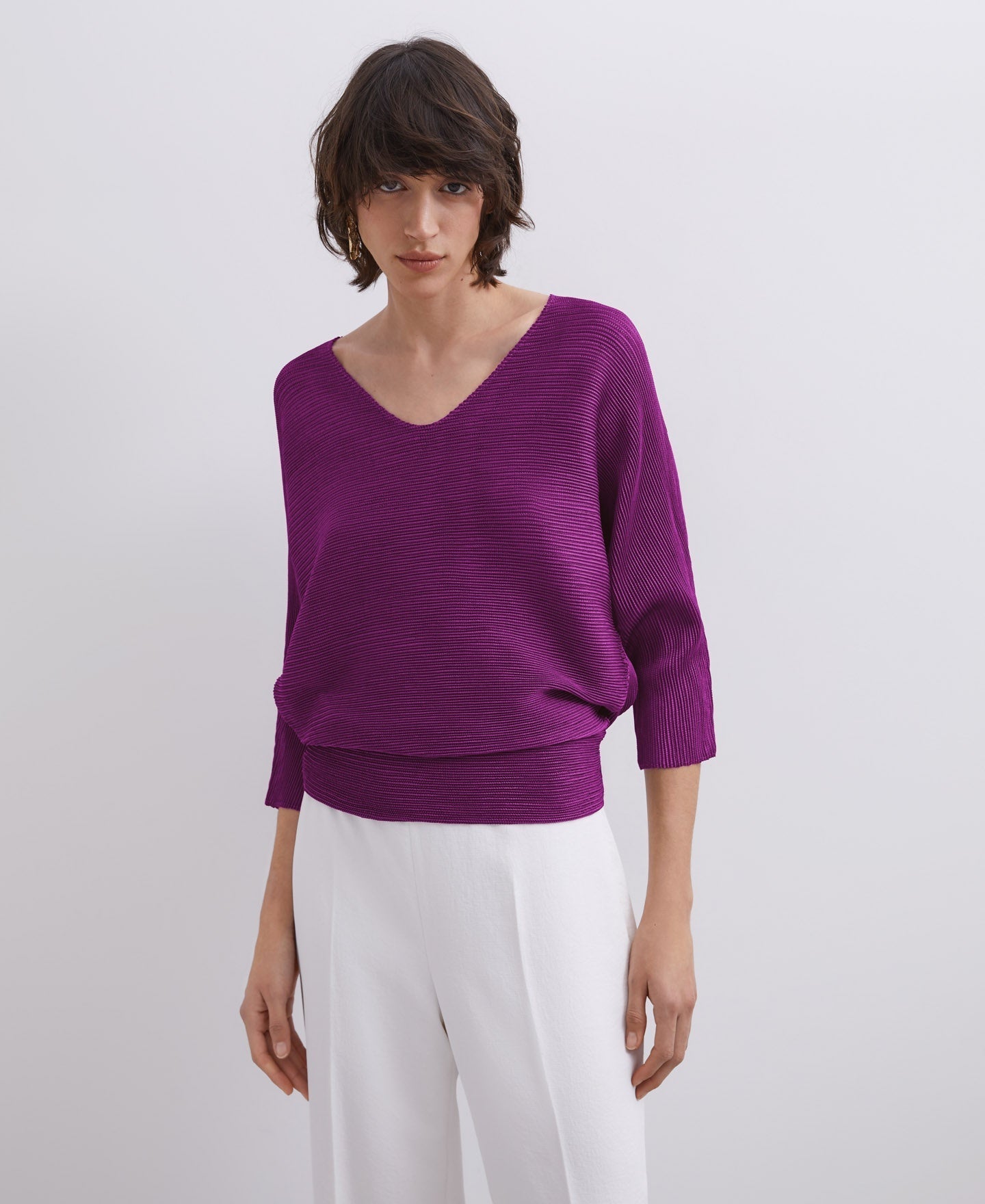 Women Shirt | Red Bougainvillea Crickle Bat Sleeve T-Shirt by Spanish designer Adolfo Dominguez