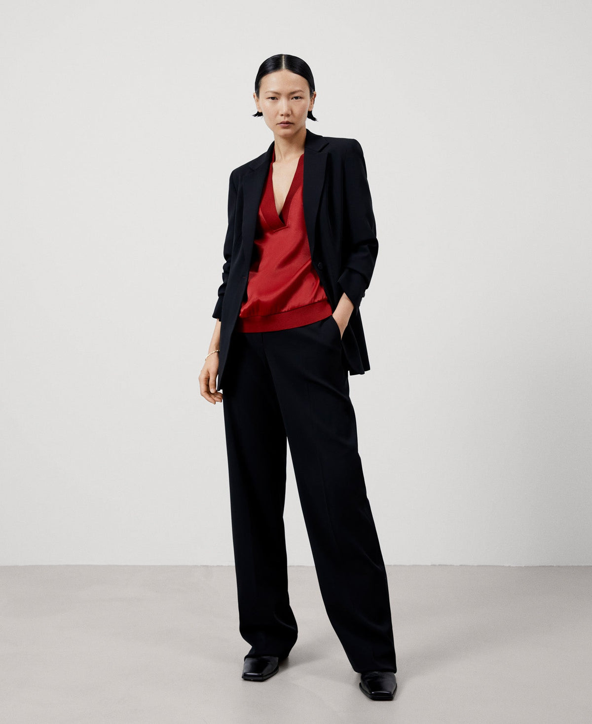 Women Long-Sleeve T-Shirt | Red Viscose V-Neckline Blouse by Spanish designer Adolfo Dominguez