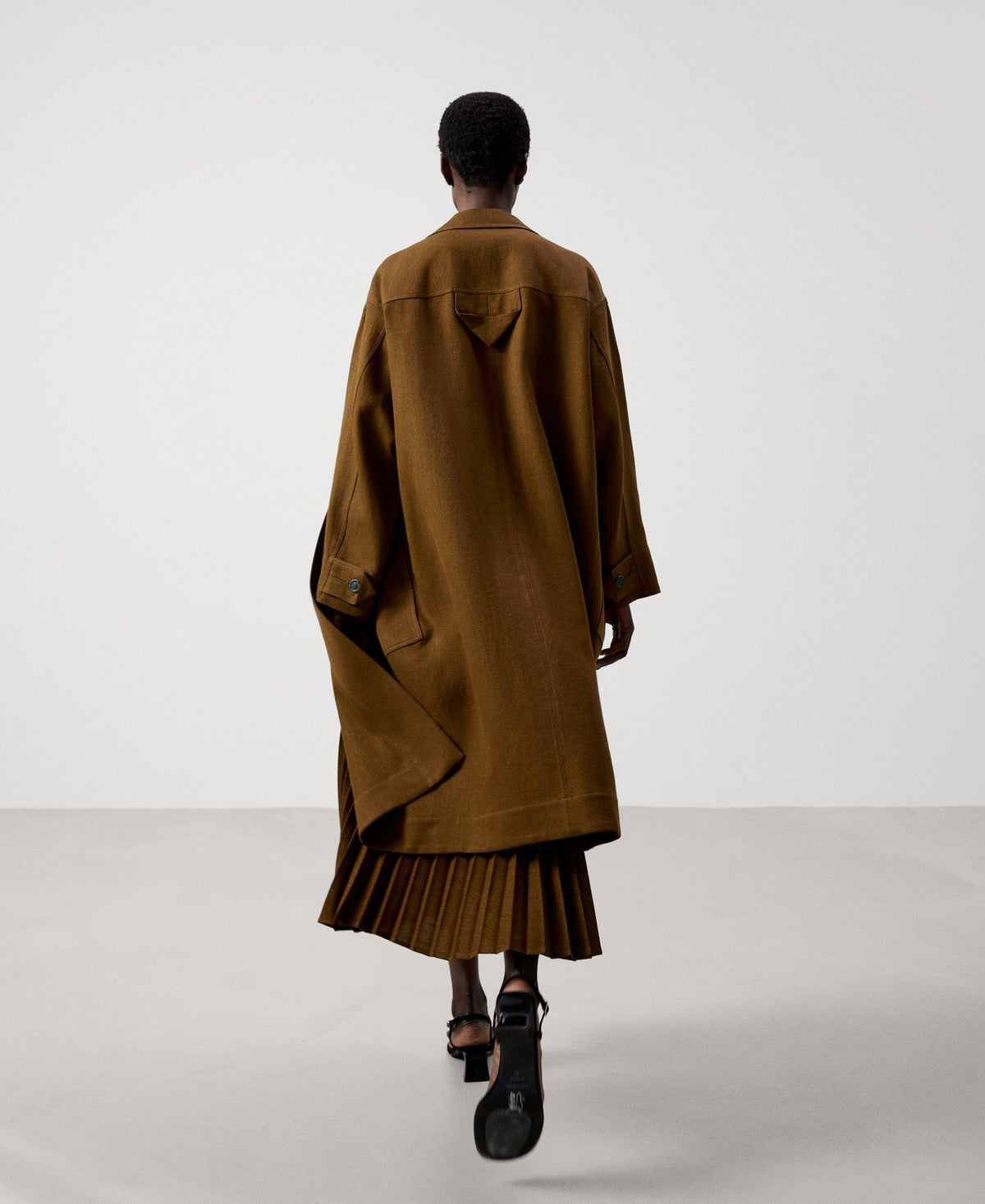 Women Coat | Tobacco Linen Twill Long Coat by Spanish designer Adolfo Dominguez