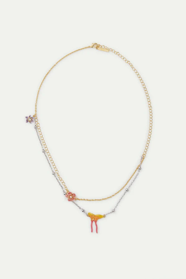 Two-Tone Chain, Magnolia Flower And Butterfly Necklace | AVFA3021
