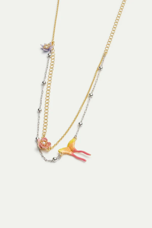 Two-Tone Chain, Magnolia Flower And Butterfly Necklace | AVFA3021