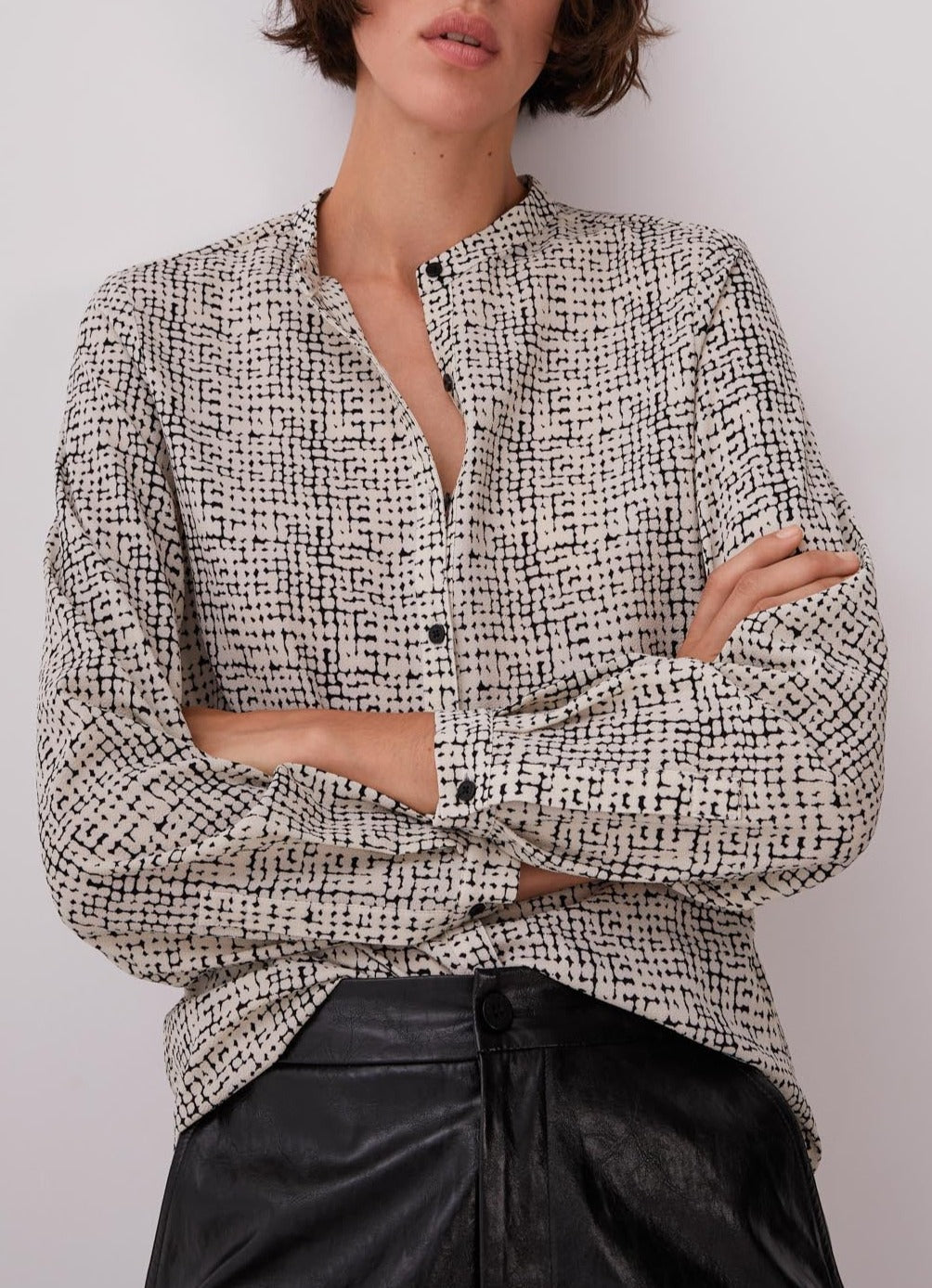 Women Long-Sleeve Shirt | White And Black Printed Shirt With Crew Collar by Spanish designer Adolfo Dominguez