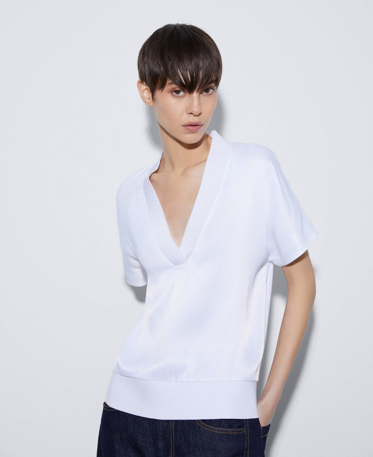 Women T-Shirt (Short Sleeve) | White Elasticated Waistband Viscose T-Shirt by Spanish designer Adolfo Dominguez