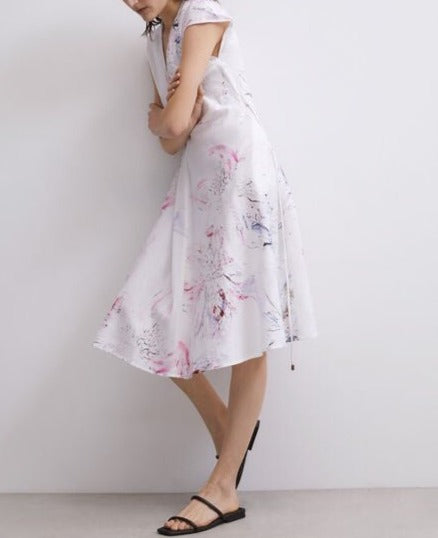 Women Dress | White Print Drop Sleeves Printed Midi Dress by Spanish designer Adolfo Dominguez