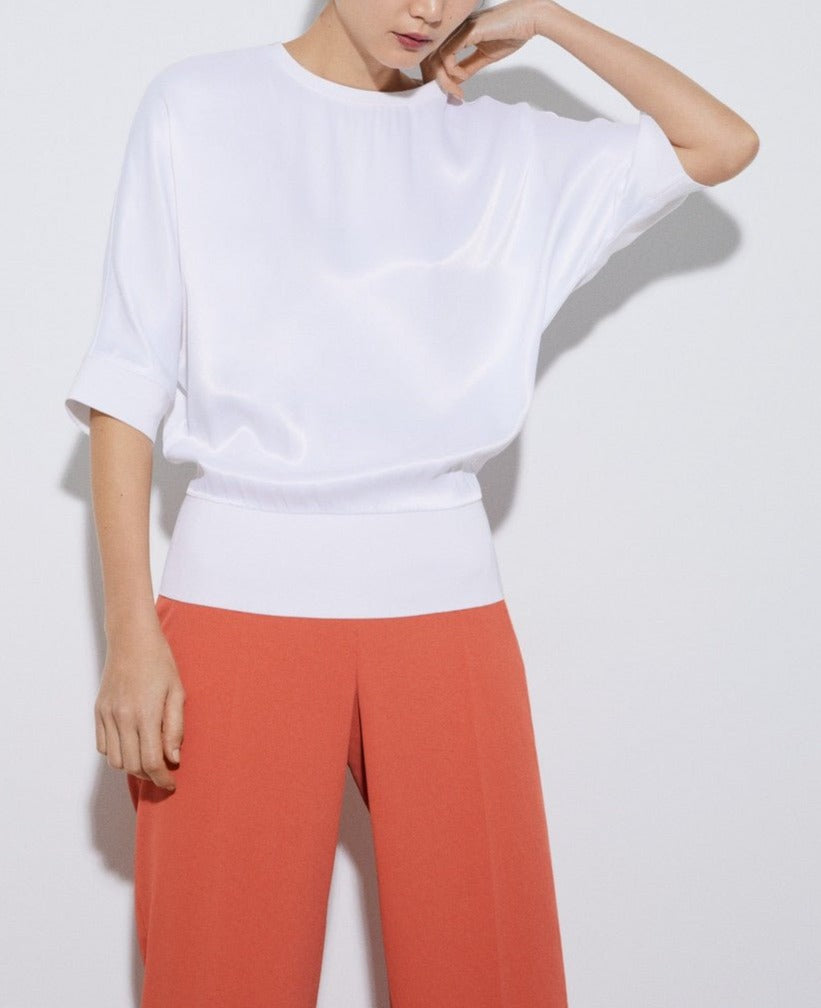 Women Short Sleeved Shirt | White Short Sleeve Viscose Blouse by Spanish designer Adolfo Dominguez