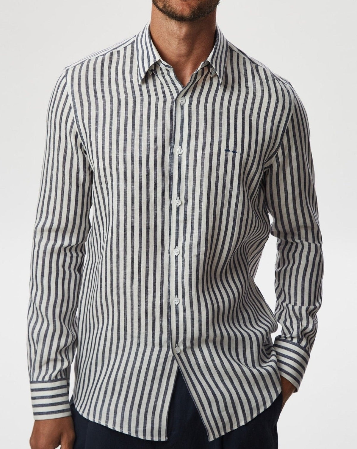 Men Shirt | White Stripe/Blue Striped Linen Shirt by Spanish designer Adolfo Dominguez
