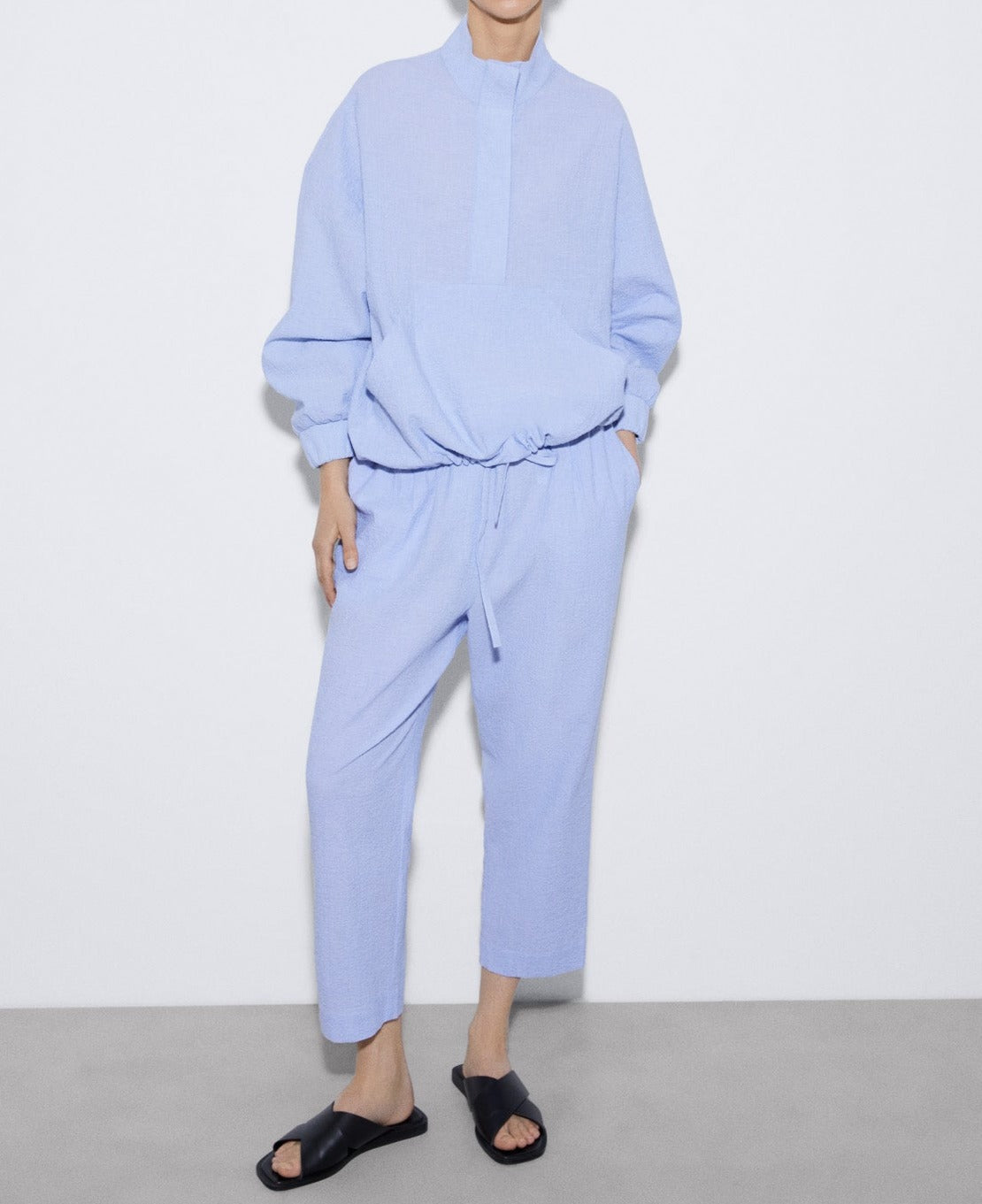 Women Structured Jacket | White/Blue Responsible Cotton Seersucker Sweatshirt by Spanish designer Adolfo Dominguez