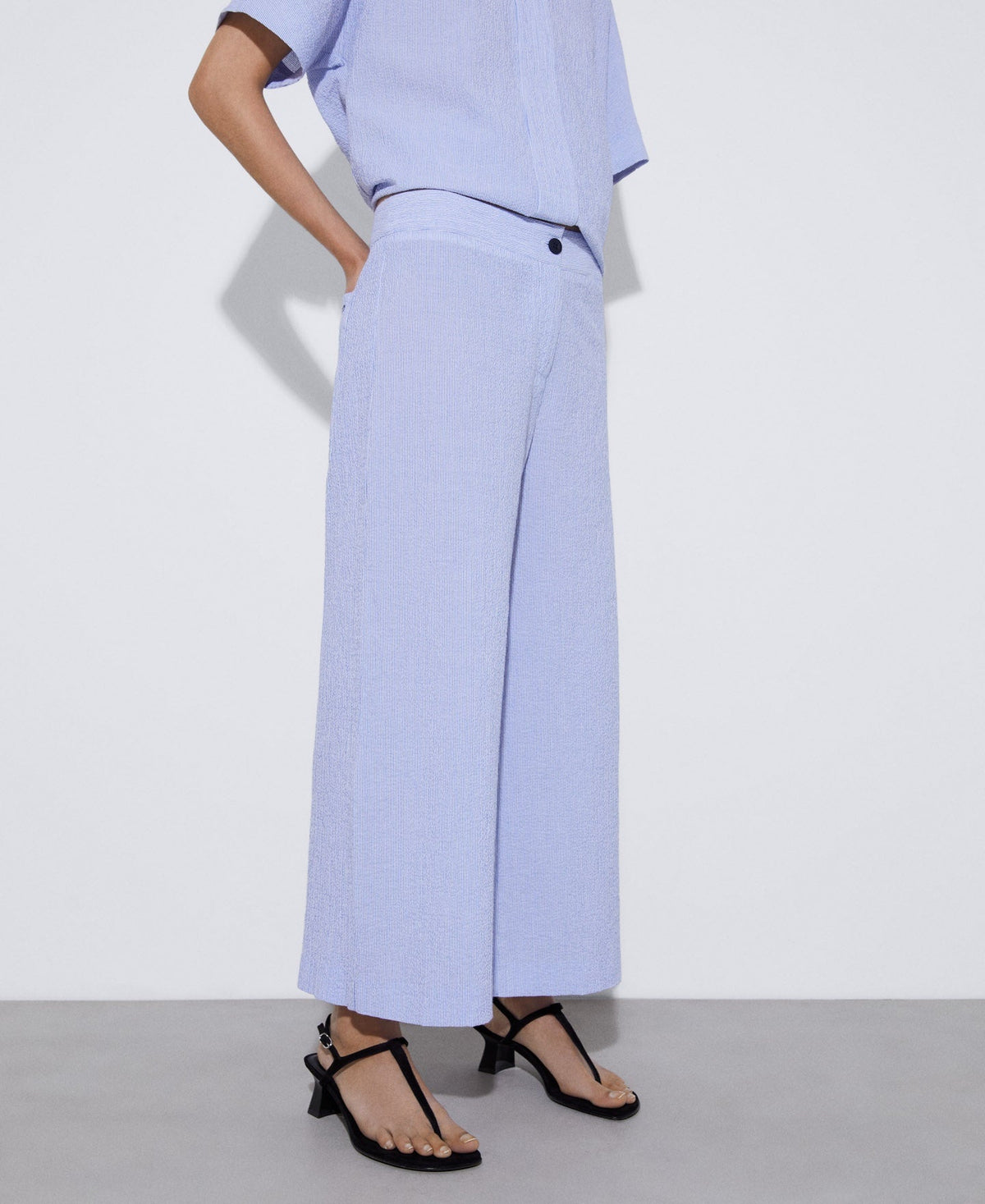 Women Trousers | White/Blue Stripe Responsible Cotton Culotte Trousers by Spanish designer Adolfo Dominguez