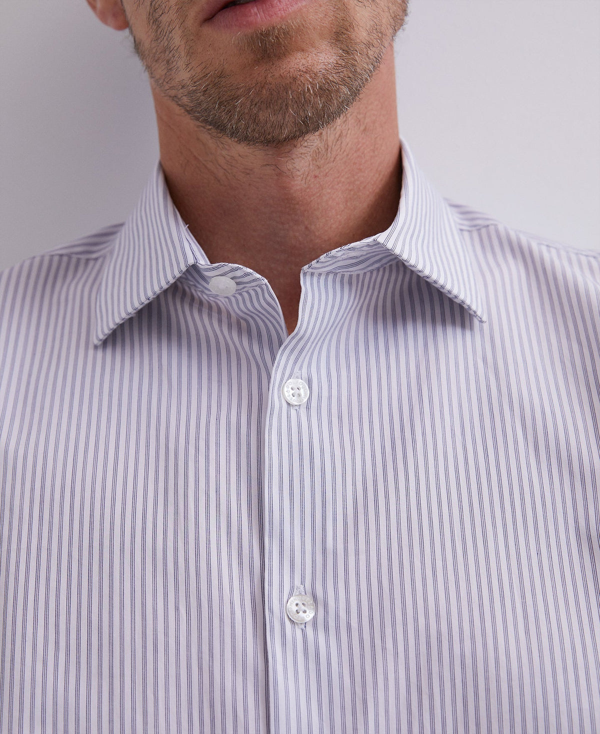 Men Long-Sleeve Shirt | White/Blue Stripe Stripes Cotton Shirt by Spanish designer Adolfo Dominguez