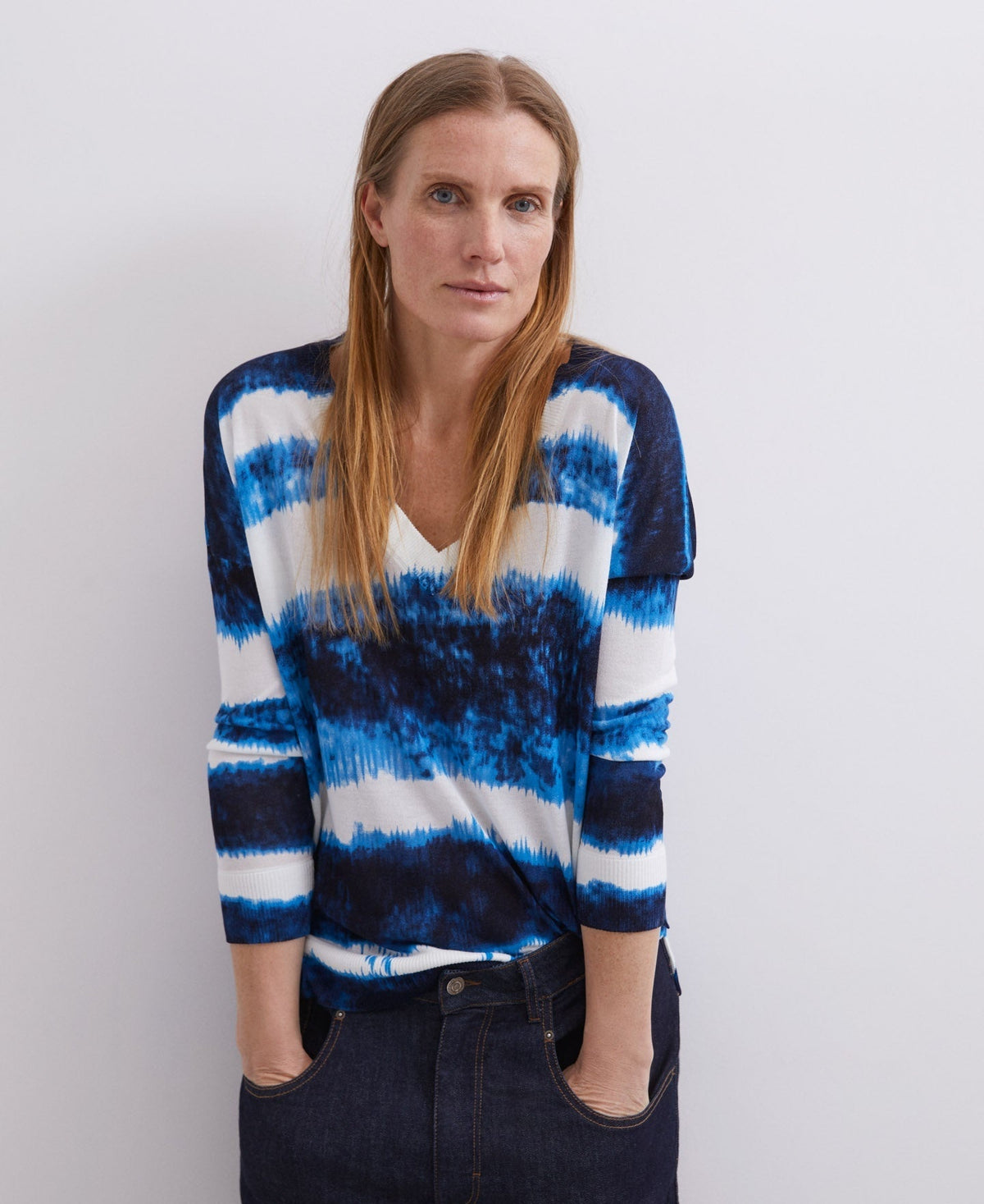 Women Jersey | White/Blue Stripe V-Neck Viscose Printed Sweater by Spanish designer Adolfo Dominguez