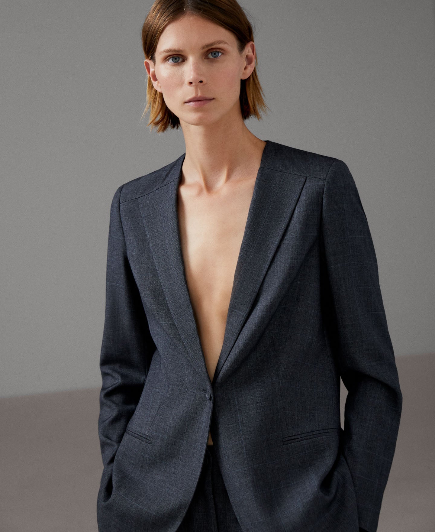 Women Structured Jacket | White/Grey Melange Tailored Jacket by Spanish designer Adolfo Dominguez