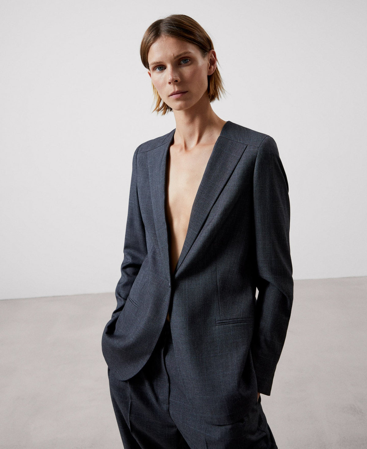 Women Structured Jacket | White/Grey Melange Tailored Jacket by Spanish designer Adolfo Dominguez