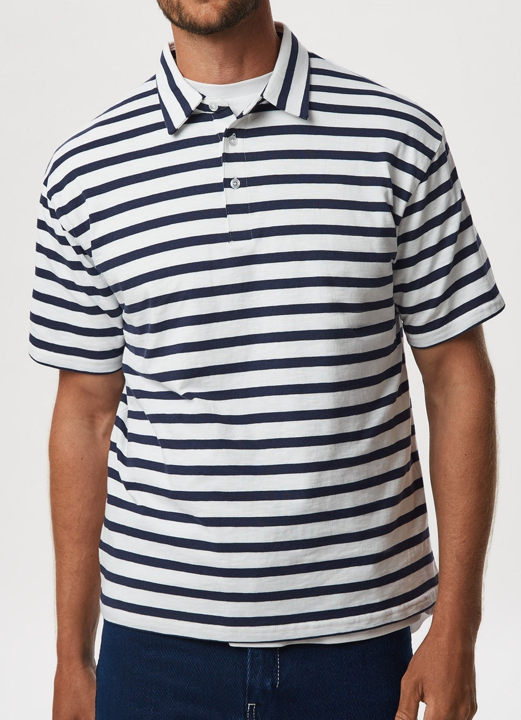 Men Polo | White/Navy Breton Stripes Short Sleeve Polo Shirt by Spanish designer Adolfo Dominguez