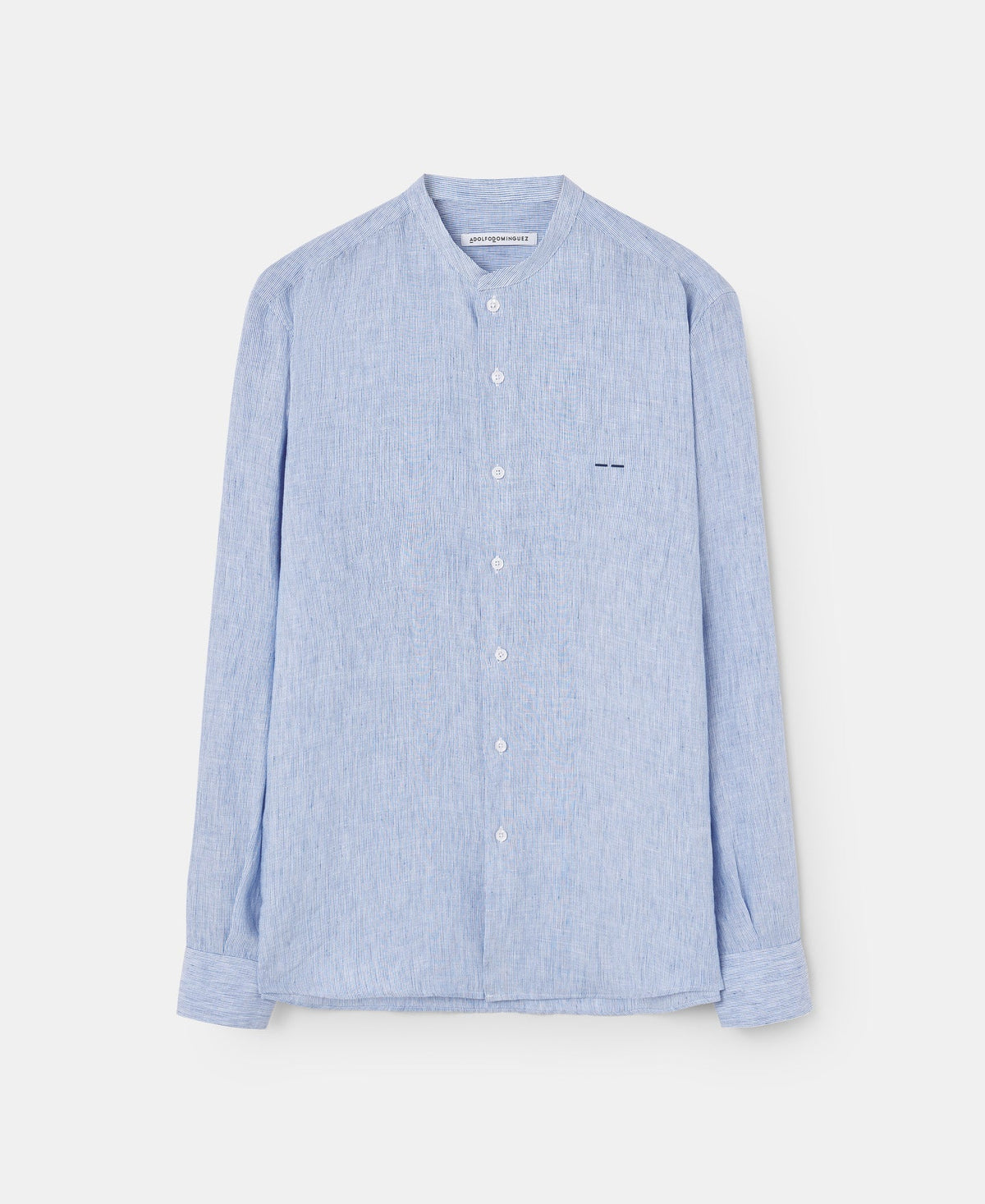 Men Shirt | White/Sky Blue Striped Shirt With Mao Collar In Linen by Spanish designer Adolfo Dominguez