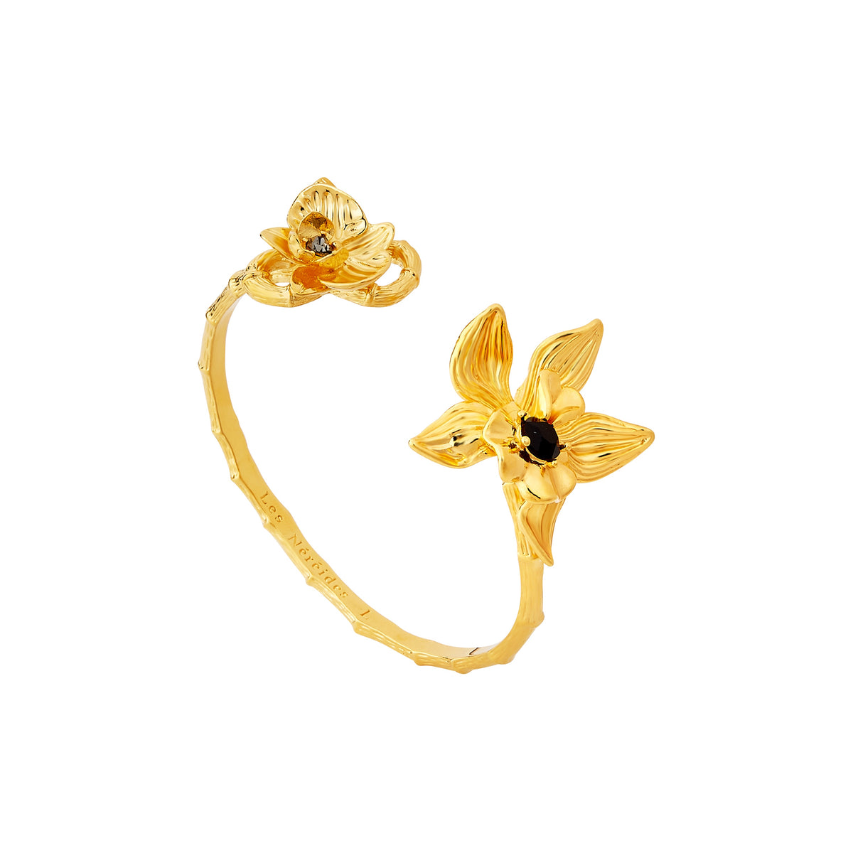 Two Flamboyant Orchids And Faceted Crystal Stone Bangle Bracelet | AOOC2051