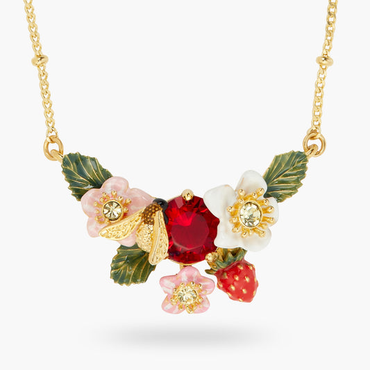 Wild Strawberry, Strawberry Flower And Bumblebee Statement Necklace | ATBG3021