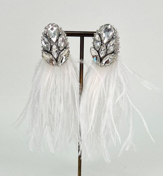 Handmade Ostrich Feather Earrings - White