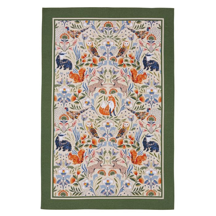 Tea towel with green border and animal woodland print