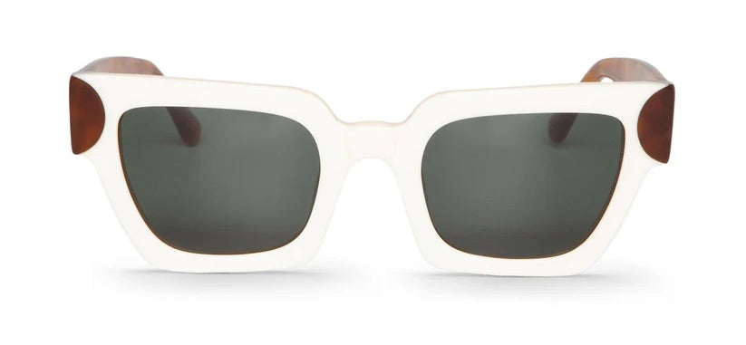 White square framed sunglasses with brown featured arms