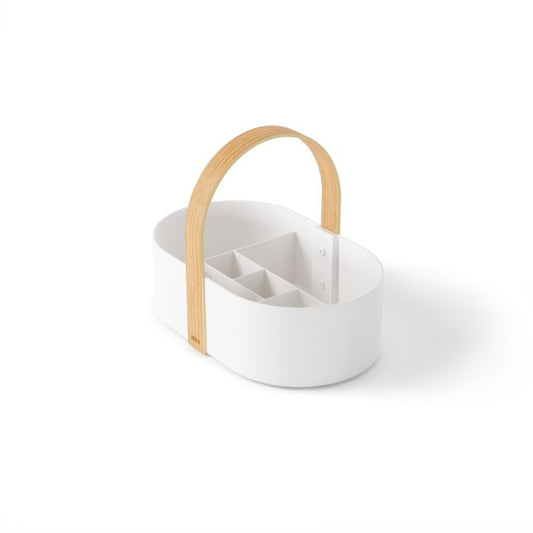 Oval shaped white caddy organiser with removable divider insert and wooden handle