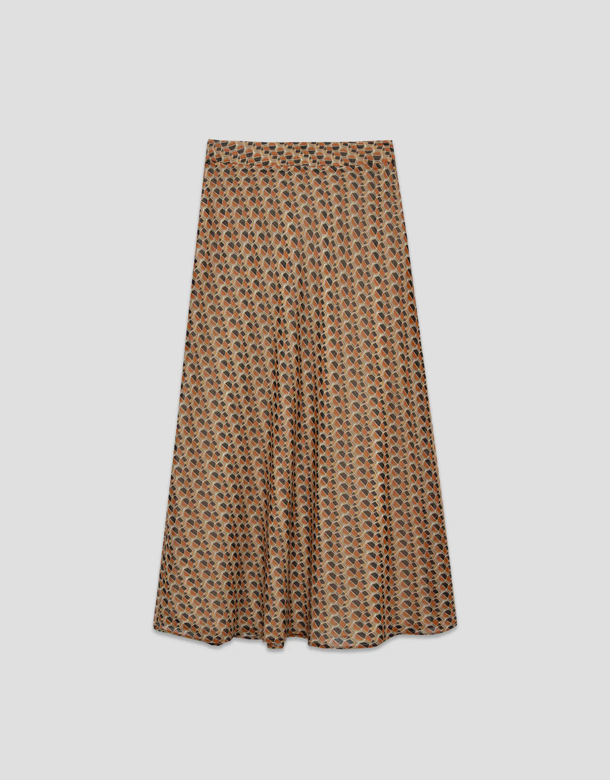 A-Line Midi Skirt In Crepe Georgette With Geometric Print In Brown Tones
