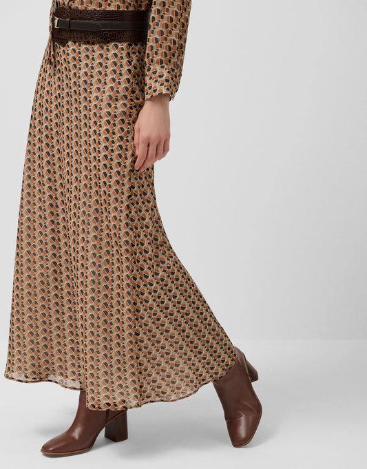 A-Line Midi Skirt In Crepe Georgette With Geometric Print In Brown Tones