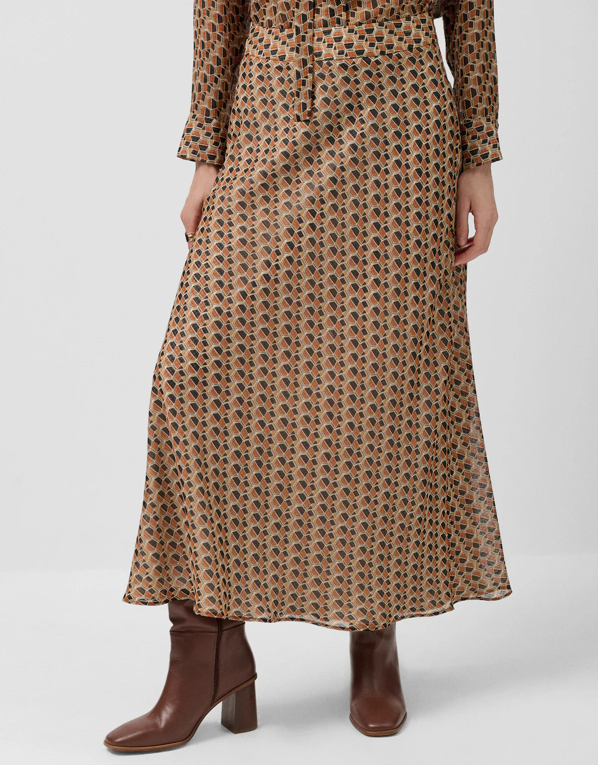 A-Line Midi Skirt In Crepe Georgette With Geometric Print In Brown Tones