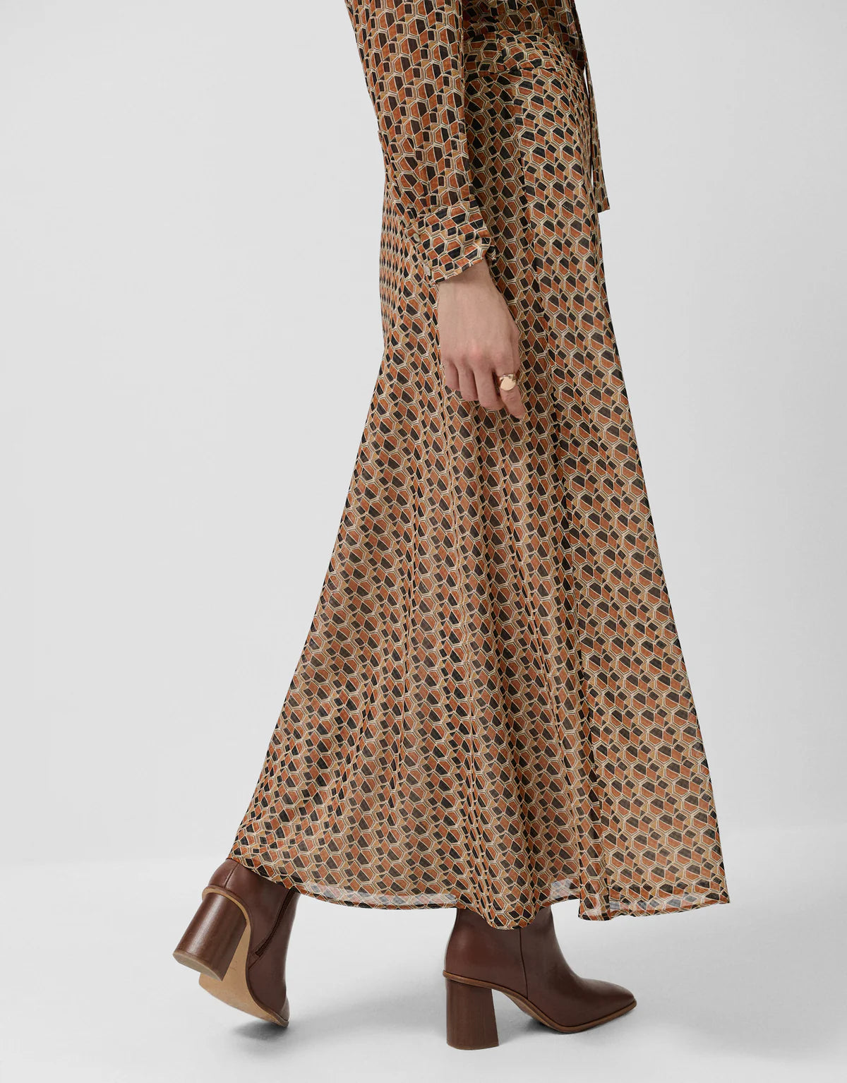 A-Line Midi Skirt In Crepe Georgette With Geometric Print In Brown Tones