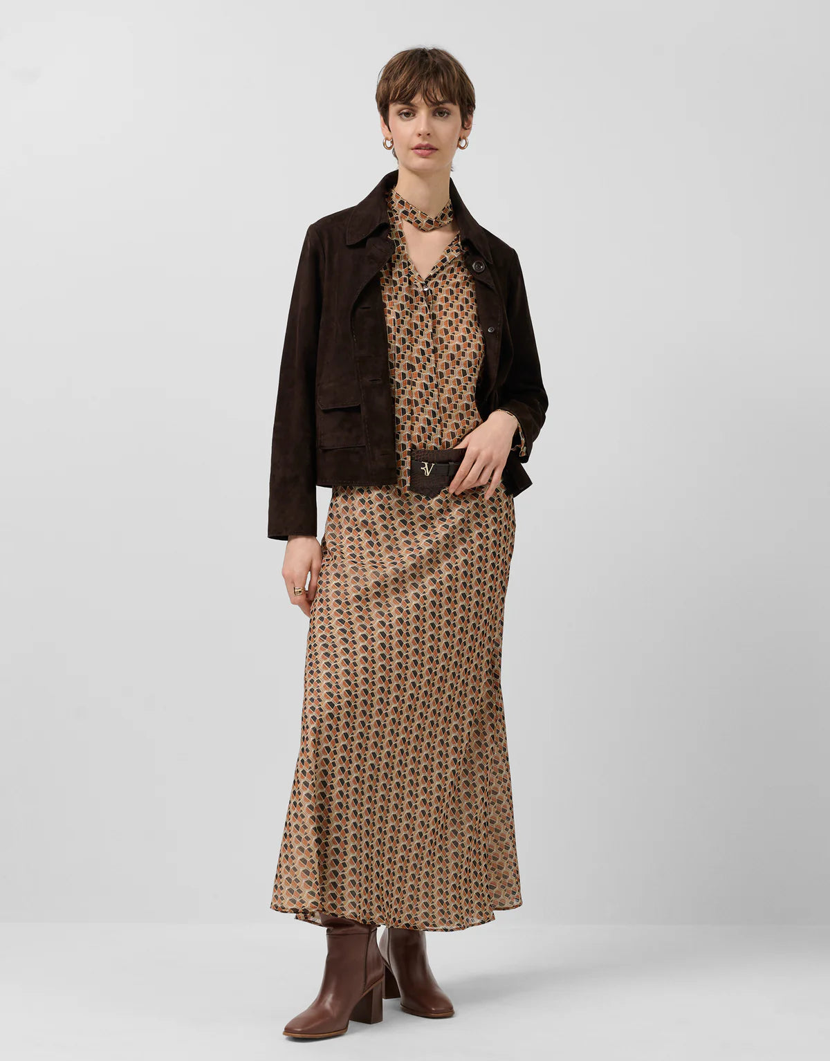 A-Line Midi Skirt In Crepe Georgette With Geometric Print In Brown Tones