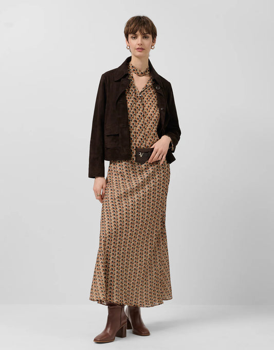 A-Line Midi Skirt In Crepe Georgette With Geometric Print In Brown Tones