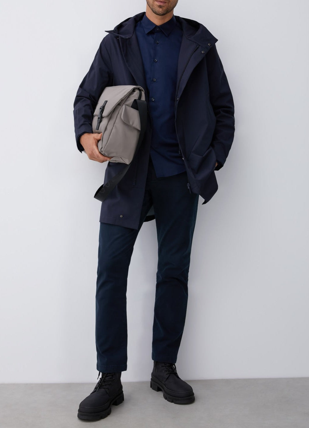 Grey Nylon Messenger Bag With Pockets