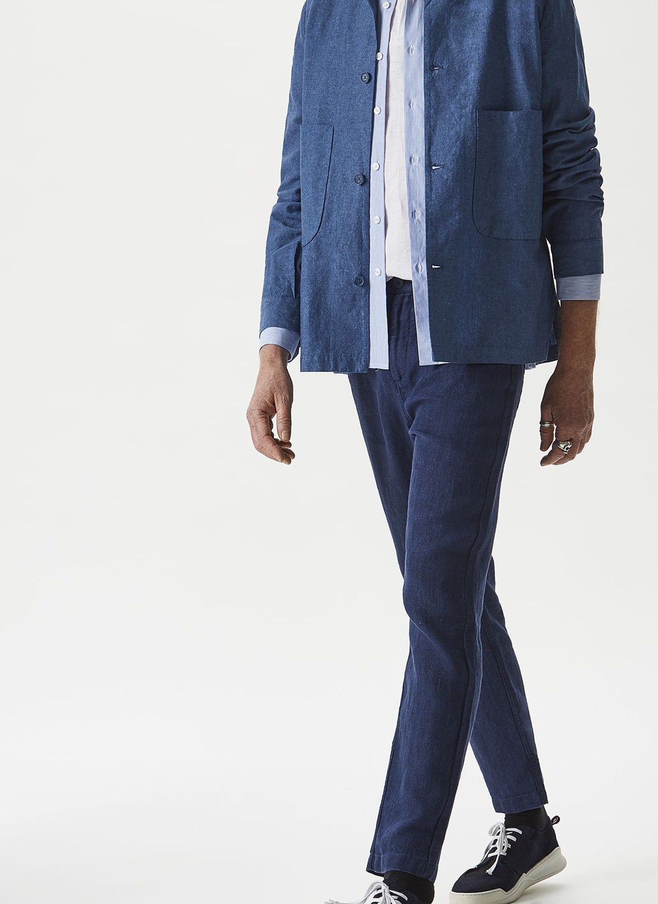 White/Blue Mandarin Collar Jacket With Stripes