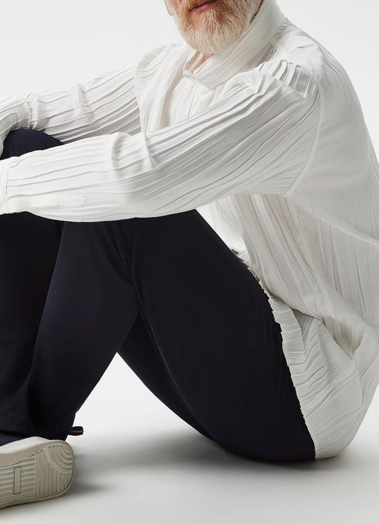 White Crinkle Shirt With High Mandarin Collar