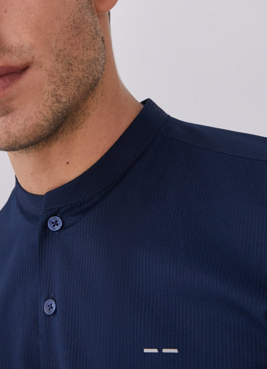 Blue Cotton Shirt With Mandarin Collar