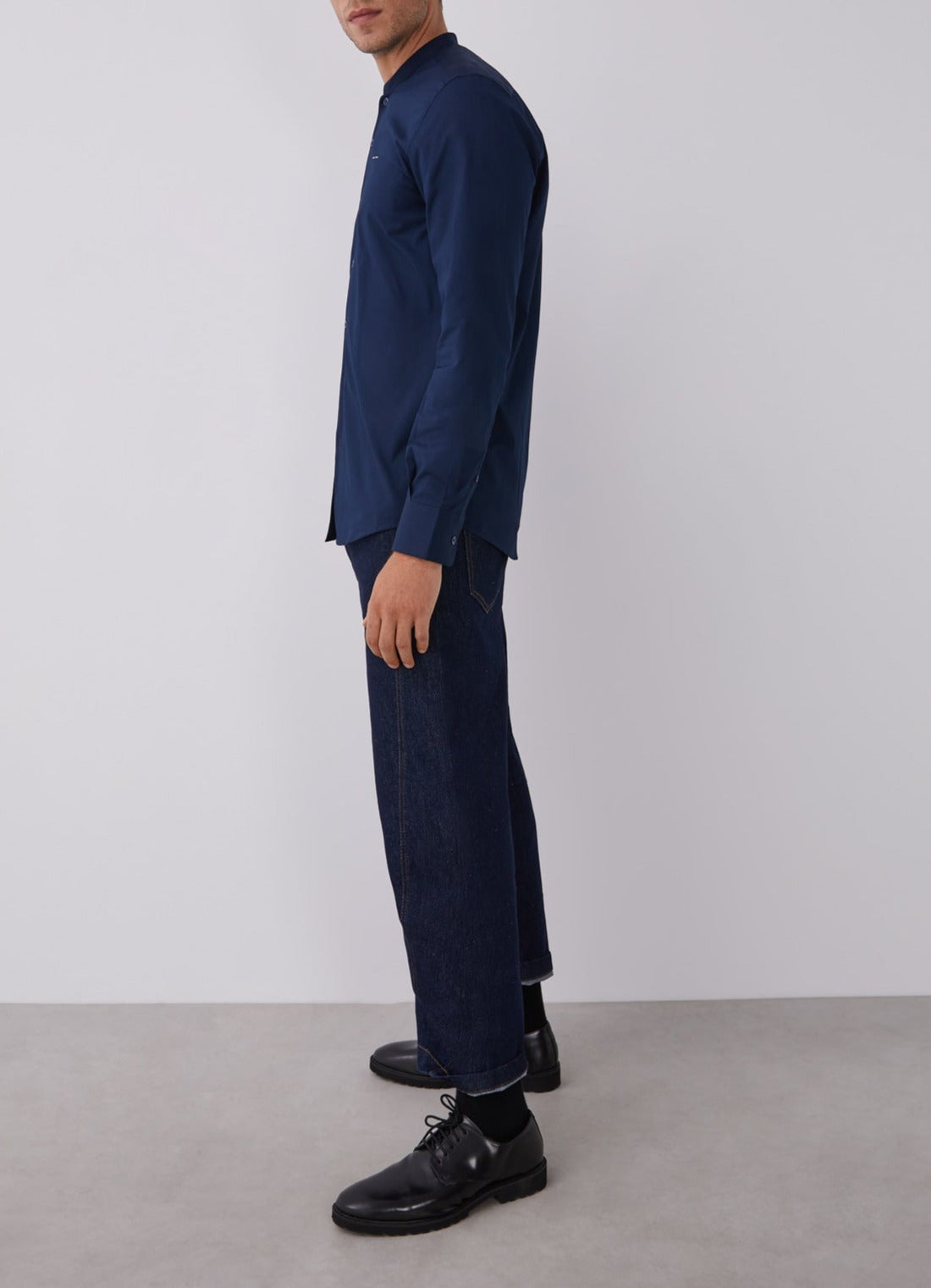 Blue Cotton Shirt With Mandarin Collar