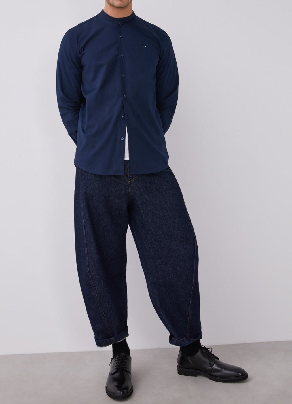 Blue Cotton Shirt With Mandarin Collar