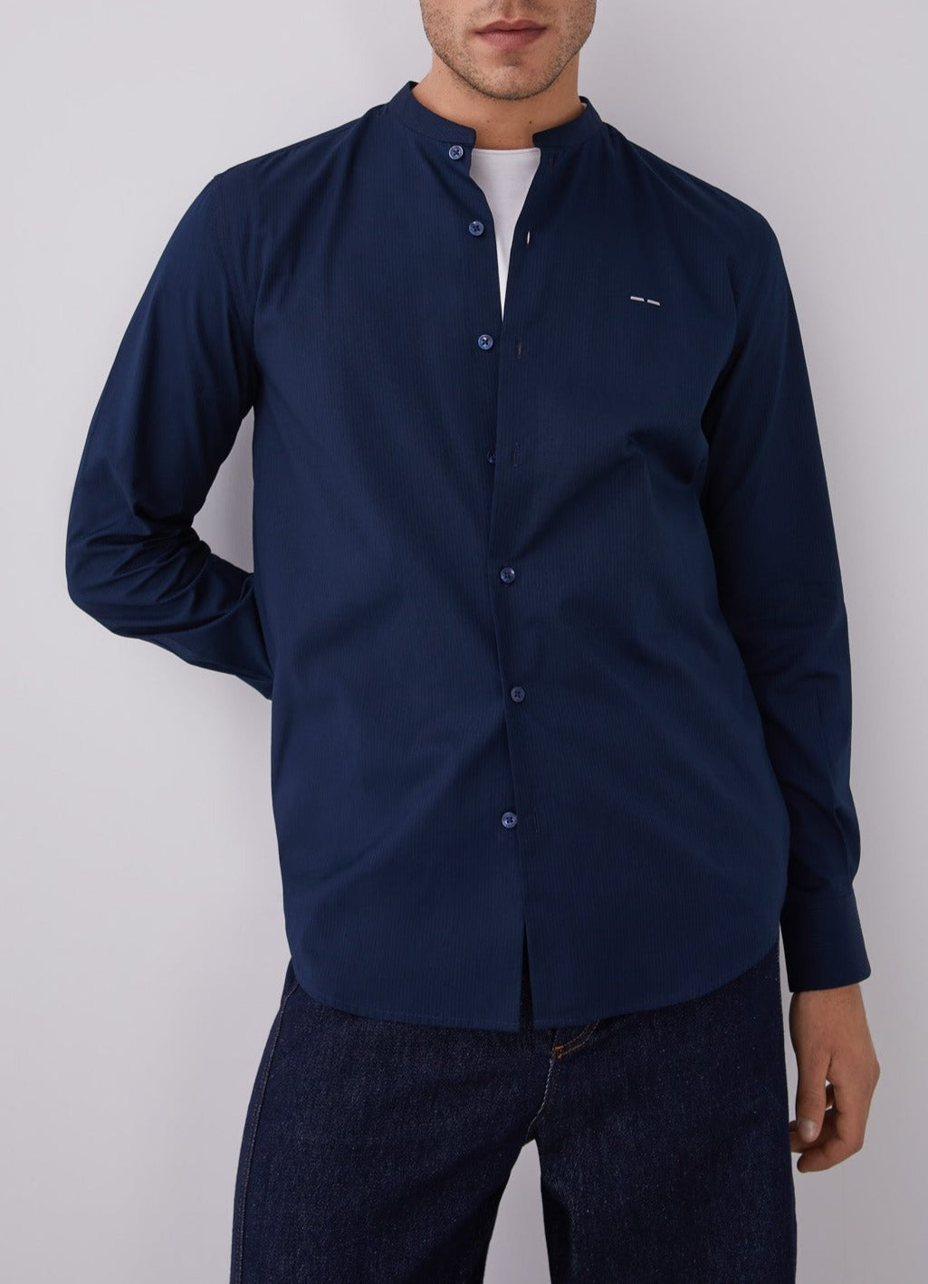 Blue Cotton Shirt With Mandarin Collar