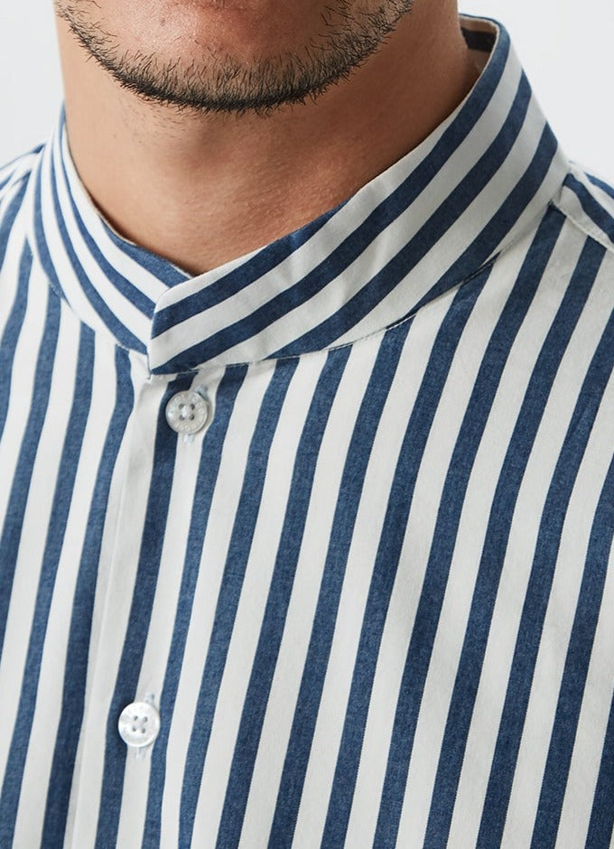 White/Blue Stripe Striped Mandarin Collar Shirt