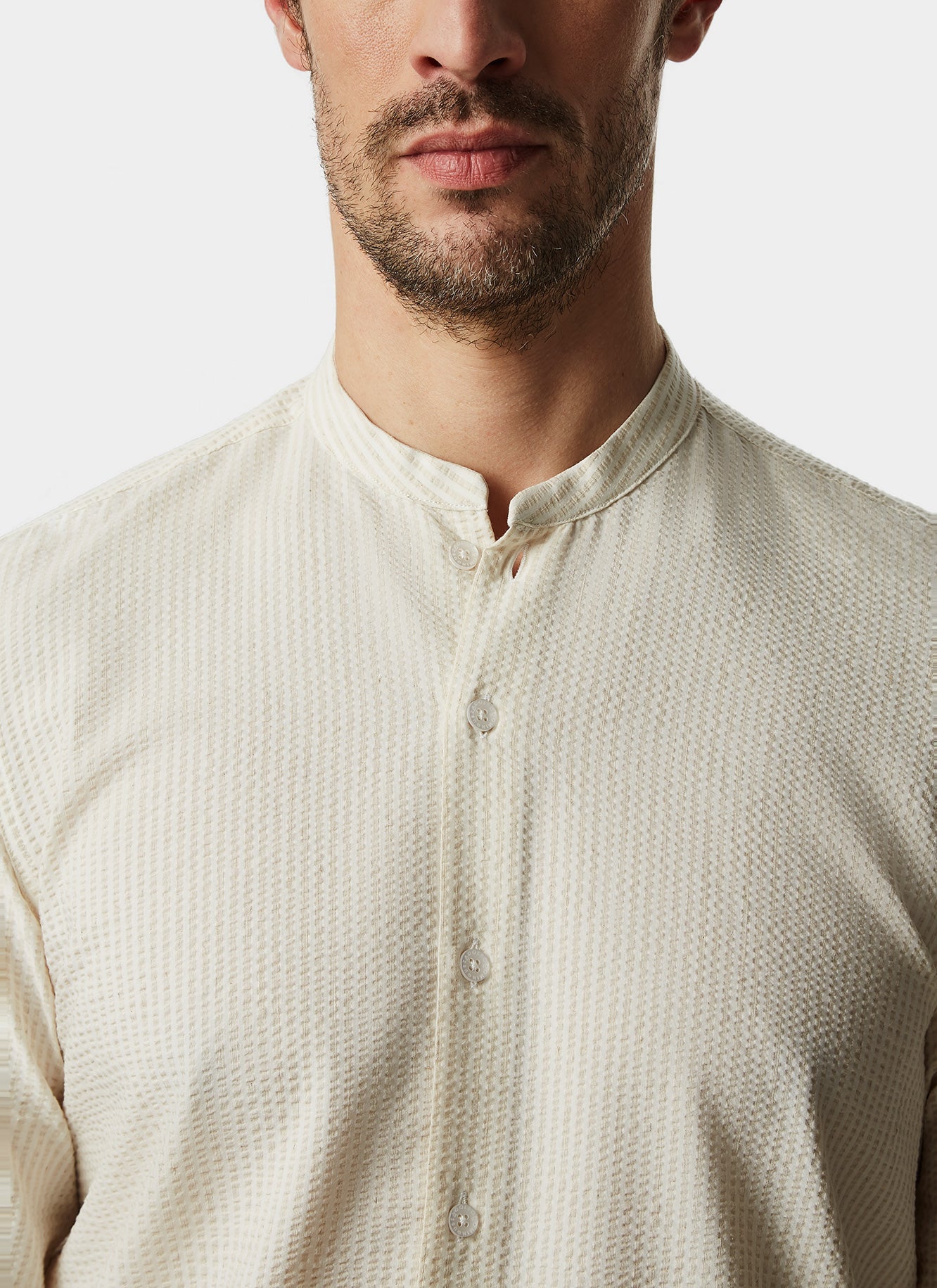 White/Sand Elastic Seersucker Mandarin Collar Shirt