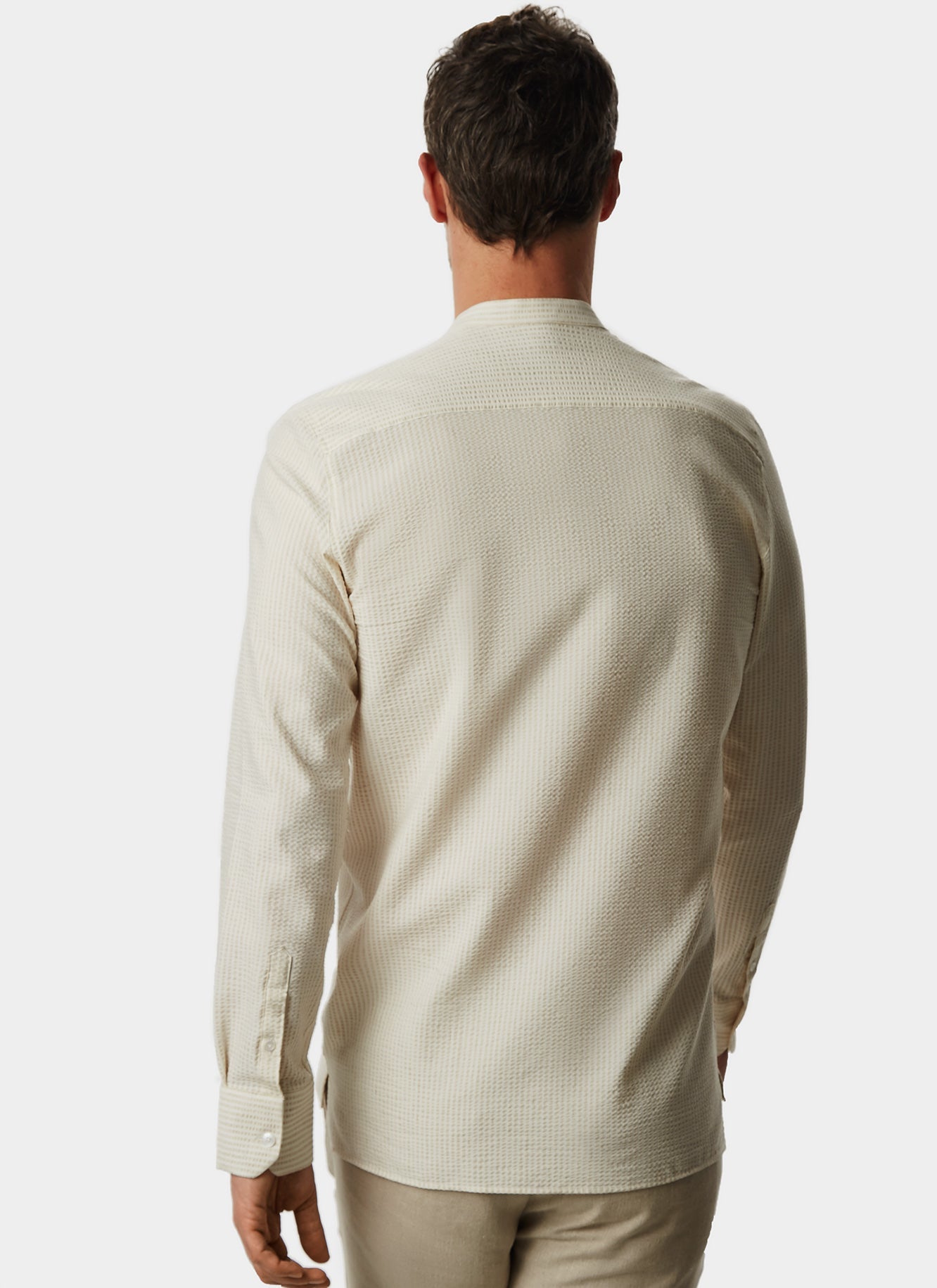 White/Sand Elastic Seersucker Mandarin Collar Shirt