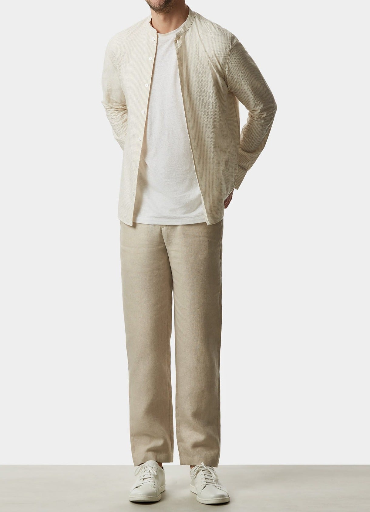 White/Sand Elastic Seersucker Mandarin Collar Shirt