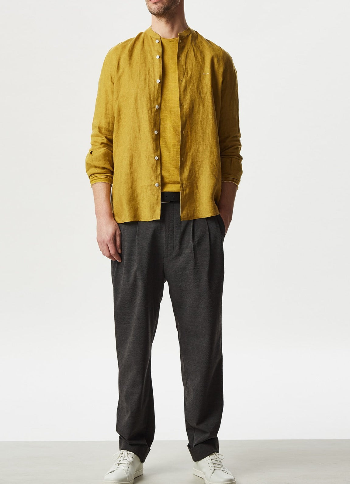 Lime Linen Shirt With Mandarin Collar
