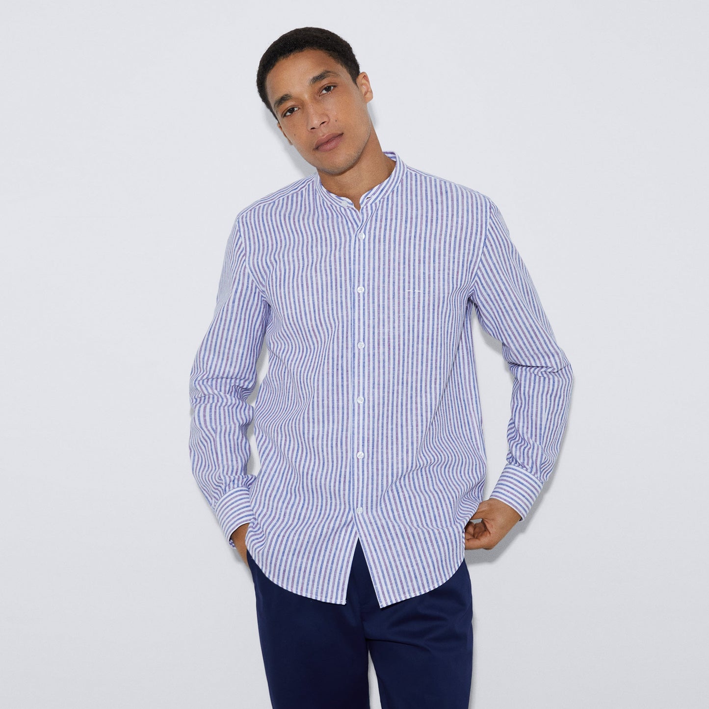 Blue/White Organic Cotton Mandarin Collar Shirt